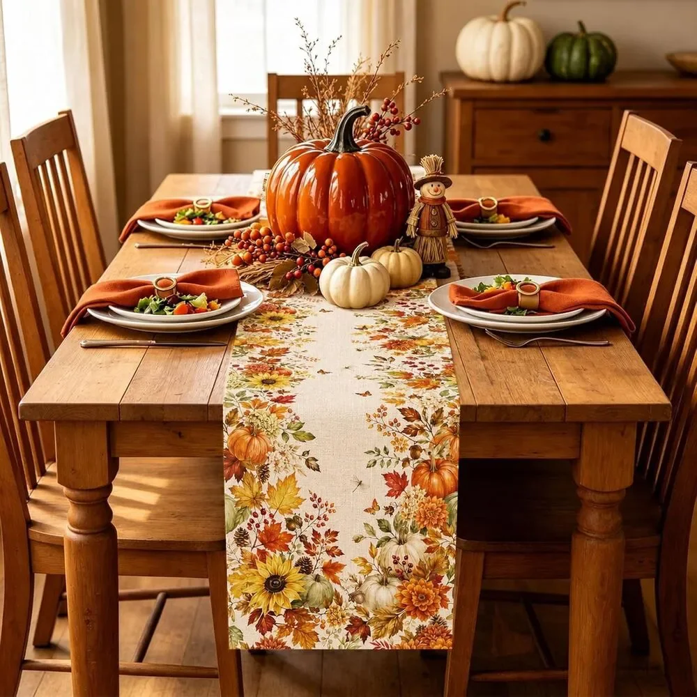 Fall Table Runner Pumpkin Sunflower Leaf Farmhouse Polyester 13 x 72-in Gift NEW